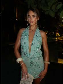 Women's Sequin Dress Sparkly Beaded Halter Deep V Neck Mini Dress Backless Y2K Bodycon Prom Casual Party Club - Màu xanh Bạc hà - Xem 1