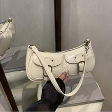 Double Pocket Buckle Decor Baguette Bag | Y2K Vintage Shoulder Bag For Women | Minimalist Underarm Bag - 白色 - 查看 12