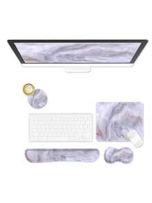 Set Penyangga Pergelangan Tangan dan Mouse Pad Ergonomis untuk Keyboard, Mouse Pad Memory Sponge 4-in-1 dengan Alas Karet Anti Selip, Tahan Lama, Mudah Diketik, dan Motif Marmer. - View 12