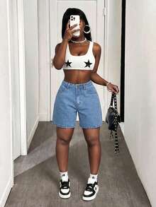 Women's Solid Color Versatile Loose Straight Bermuda Denim Shorts, Blue Casual - 中等水洗藍 - 查看 3