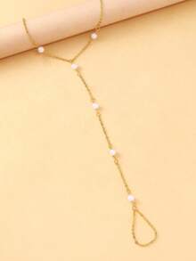 1pc Faux Pearl Connected Finger Ring Bracelet, Unique Design Fashionable Versatile Bracelet Ring Set For Women - Gold - View 2