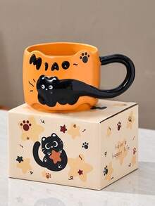 1pc Black Cat Relief Ceramic Mug, Heat-Resistant Cup, Suitable For Breakfast, Afternoon Tea, Home/Office Coffee Cup, Birthday Gift, Holiday Gift, Corporate Welfare, Gift For Boyfriend/Girlfriend, Mother's Day Gift - Multicolor - View 10