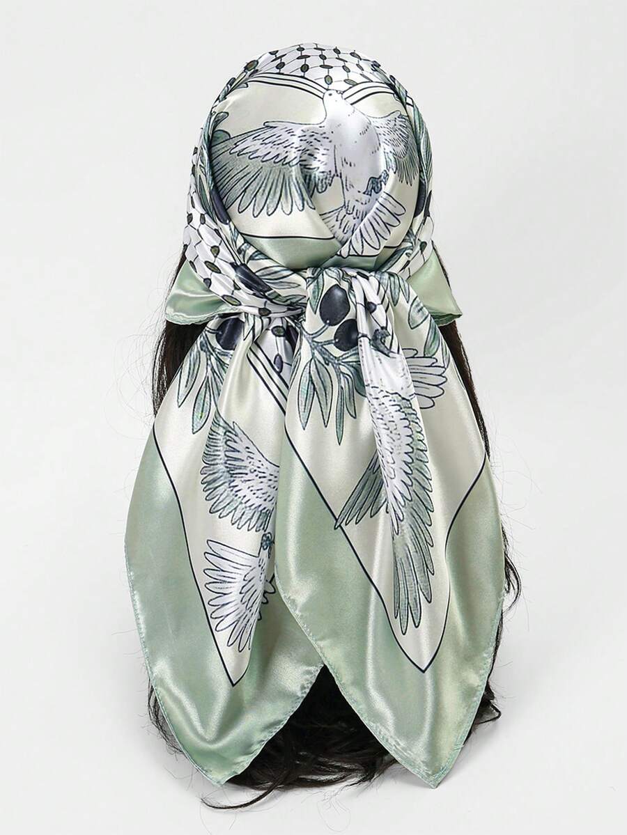 1pc Women's Fashion Palace Luxurious Geometric Satin Print Headscarf 90x90cm Square Scarf/Bandana, Suitable For Daily Use - Light Green - View 1