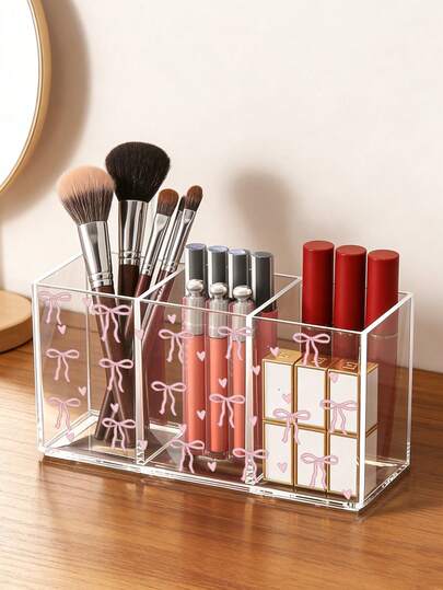 Pink Bow Acrylic Makeup Brush Holder, Makeup Brush Organizer, Bathroom Vanity Countertop Storage For Brushes, Pencils, Lipsticks , Suitable For Kitchen, Bedroom, Living Room, Bathroom, Great Gift For Family And Friends, Can Be Used As Cosmetic Bag, Makeup Storage Box, Toiletry Bag, Desktop Organizer