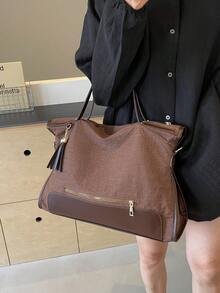 Women's Minimalist Color Block Fringe Zipper Decor Tote Bag - Coffee - View 7
