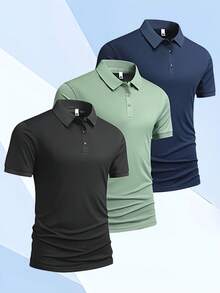 男士休闲商务 Polo 衫，简约通勤上衣 - 黑色 - 查看 1