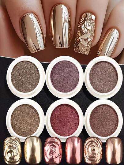 6 Colors Nail Powder Metallic Powder For Nail Mirror Effect Champagne Gold Sequins For Nails Autumn Winter Nail Art Supplies