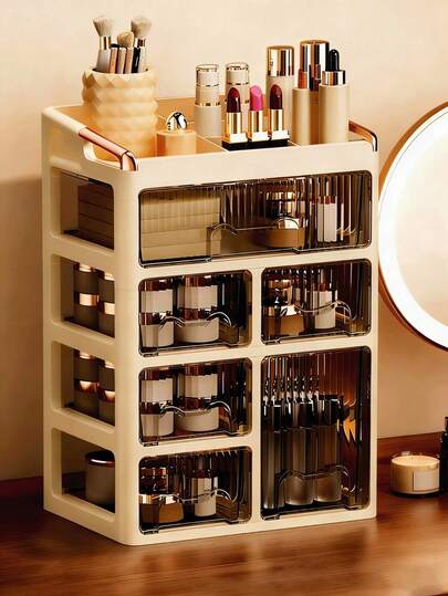 四层多功能化妆品收纳盒，大容量，带抽屉和隔层，可整齐收纳珠宝、配饰、化妆品和小物件，是梳妆台必备单品。