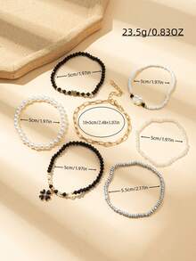 7件套时尚仿珍珠玻璃珠四叶草心形花朵串珠手链套装，适合日常、约会、派对等场合。 - 彩色 - 查看 4