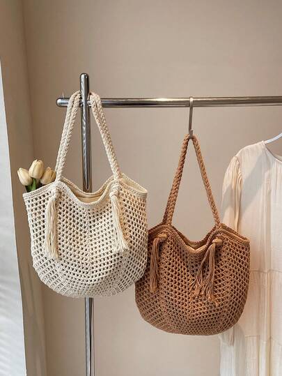 1pc Casual Hollow Tassel Decor Crochet Tote Bag For Women, Portable Shoulder Bag Suitable For Vacation, Travel, All Seasons, Ideal Gift For Holidays
