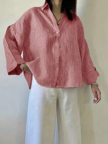 Women's Polyester Striped Drop Shoulder Long Sleeve Collared Shirt, Front Button Design, Regular Length, Non-Stretch Fabric Top Spring - Red - View 5