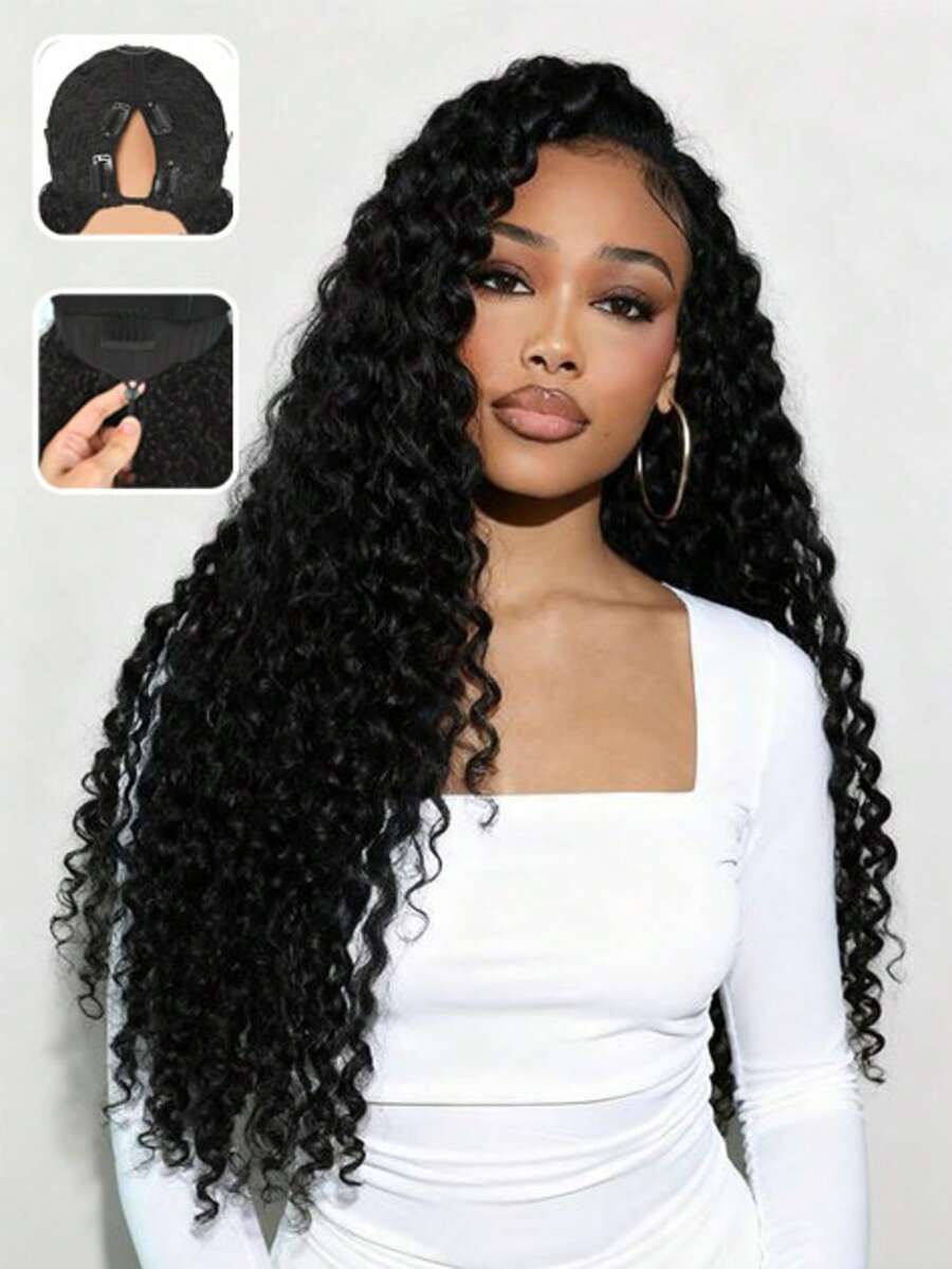bling hair V Part Wig Human Hair Glueless No Leave Out Upgrade U Part Wigs Deep Wave Wig With Spiral End Deep Curly Wigs For Women Full Head Clip In Half Wigs 13x6 Deep Wave Lace Front Wigs Human Hair 250% Density 26 Inch - Natural Black - 查看 1