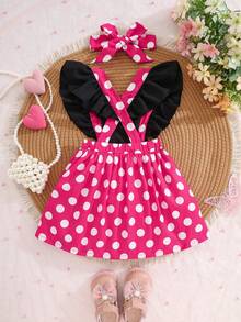 Frühling/Sommer Baby Mädchen süßes Kleid mit flatternden Ärmeln und Polka Dots mit 3D Schleife + Stirnband, geeignet für den täglichen Gebrauch des Babys, Geburtstagsparty oder Urlaubsoutfit - Heißes Pink - Übersicht 2