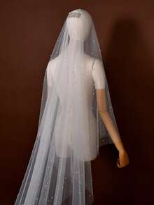 1件仿珍珠新娘头纱，长度可选腰臀、华尔兹舞步或教堂式，适合婚礼、婚纱照、派对头饰，附赠金属发梳。 - 乳白色 - 查看 4