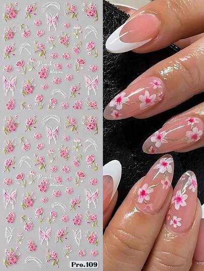 2pcs Pink Floral Petal Spring Nail Stickers French Line Peach Blossoms Flower Vine Leaf 3D Nail Art Decals Wedding Nail Supplies DIY Holiday Party Nail Charms Decorations