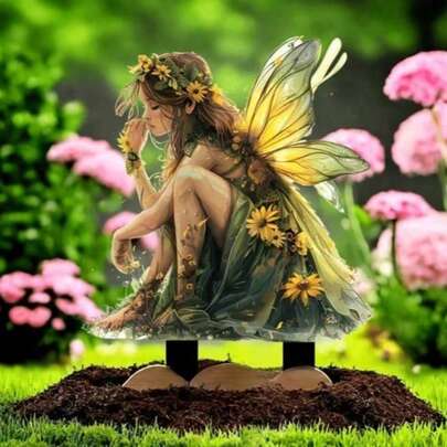 带翅膀的仙女花园雕像，2D打印亚克力户外装饰品，非常适合生日派对、新娘派对、盆景装饰，可独立摆放，万圣节艺术风格，仙女花园雕塑
