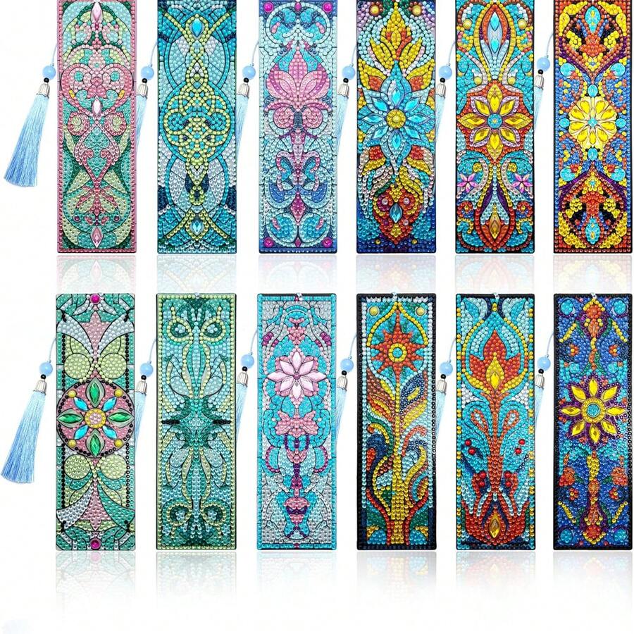 Bộ 12 chiếc/bộ đánh dấu trang tranh đính đá tự làm - Thiết kế Mandala, trang trí khảm nhiều màu sắc - Xem 1