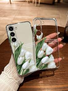 Minimalist White Floral Fashion Shockproof Tulip Painted Transparent Creative Phone Case Compatible With IPhone 17/17 Pro/17 Pro Max, 16/11/16 Pro/16 Plus/16 Pro Max/16e, 15 Pro Max, 13/14/12/XS/XR/7G/8P, Galaxy S25/S25 Plus/S25 Ultra, A16/A36/A26/A56/A50/A12/A32,International Version, Not The Domestic Version Spring Anniversary Gift - Multicolor - View 3