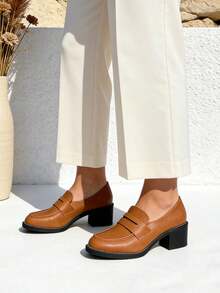 Women's Elegant, Comfortable, And High-Quality Chunky Heel Loafers, Ideal For Work And The Office; Loafer Style For Everyday Wear - Camel-1073 - View 4