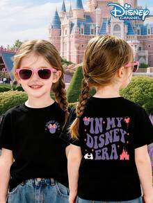 Girls' Short Sleeved Shirt With Disney Mickey And Minnie Print IN MY DISNEY ERA Text Pattern, Casual And Cute Style, Suitable For Theme Park Outings In Spring, Summer, And Autumn, Suitable For Girls' Spring, Summer, And Autumn Tops, Suitable For Both Boys And Girls, Children's Tops - Black - View 1