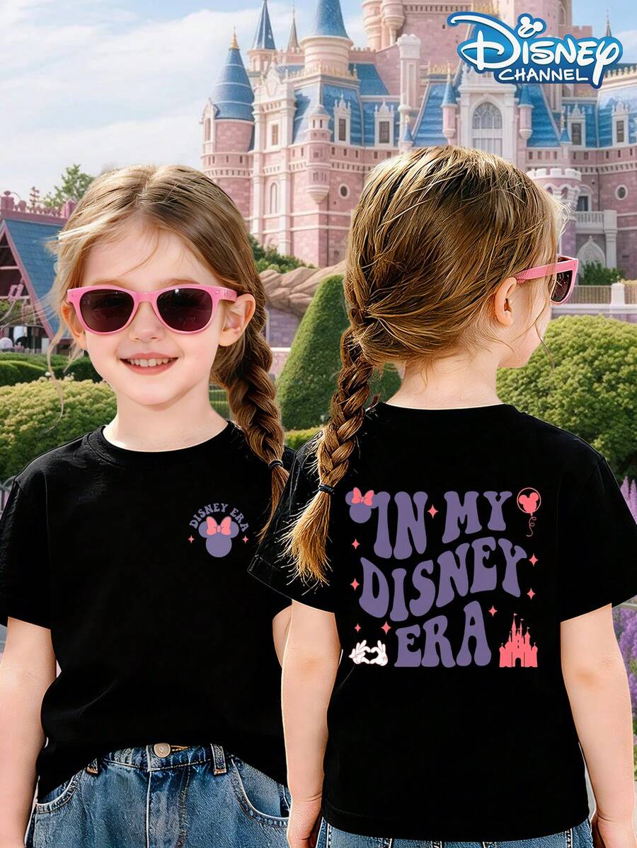 Girls' Short Sleeved Shirt With Disney Mickey And Minnie Print IN MY DISNEY ERA Text Pattern, Casual And Cute Style, Suitable For Theme Park Outings In Spring, Summer, And Autumn, Suitable For Girls' Spring, Summer, And Autumn Tops, Suitable For Both Boys And Girls, Children's Tops - Black - View 1