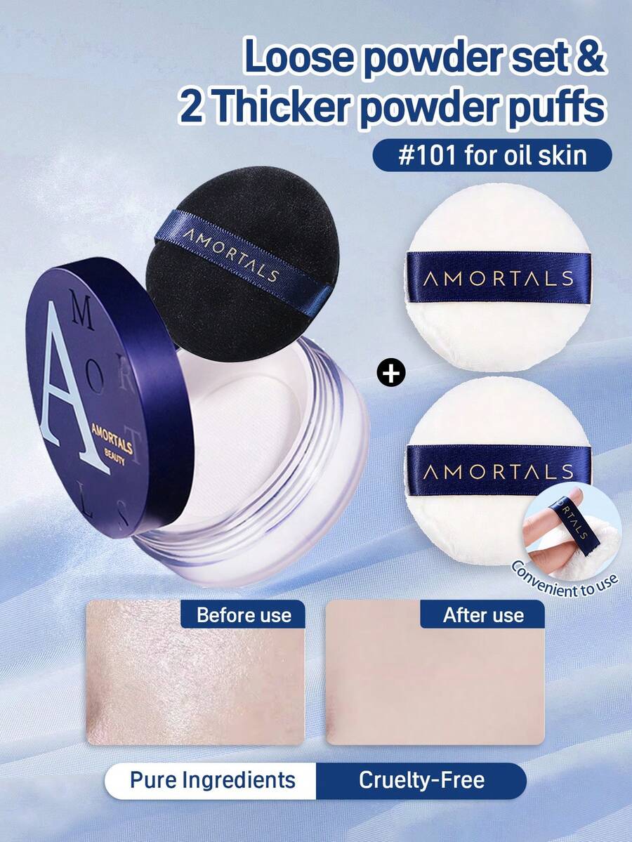 Amortals 8.5克散粉 + 2个粉扑，哑光妆效，持久控油，适合干性和混合性肌肤，遮盖细纹和瑕疵，自然隐形毛孔，配有双面绒面粉扑，适合新手、化妆师、送礼、约会、婚礼、圣诞节、万圣节、感恩节、毕业典礼、生日、节日、Y2K、时尚达人、化妆品品牌、美容、派对、海滩、旅行、露营、学校、庆典、装饰、玫瑰女孩角色扮演、高级彩妆