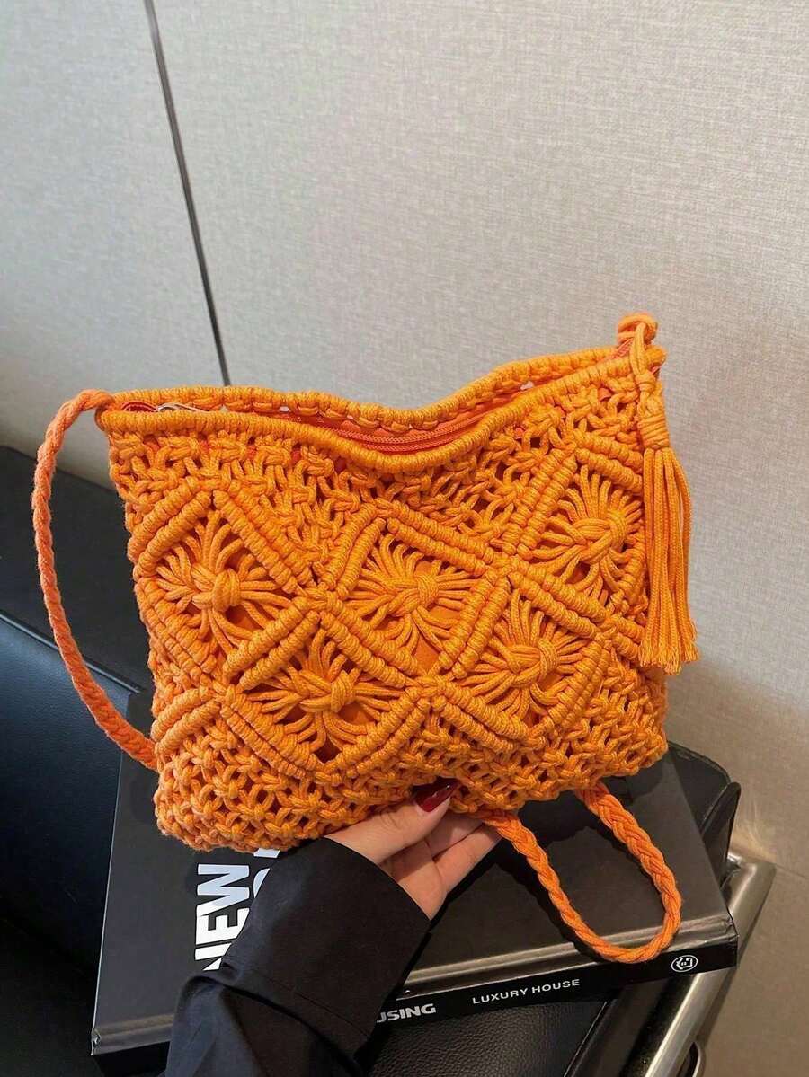 1 pezzo Nuova borsa a spalla intrecciata da donna per l'estate, borsa sotto braccio in maglia di grande capacità, borsa a tracolla versatile da spiaggia, borsa a tracolla da spiaggia alla moda per le vacanze - Arancione - Visualizzare 1