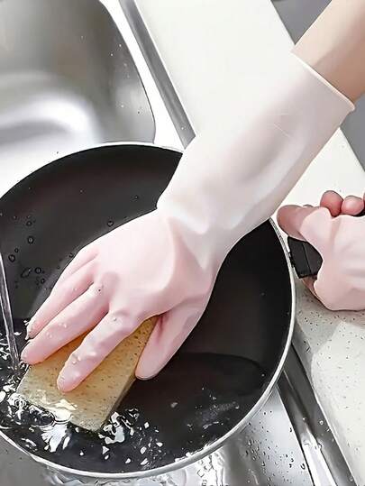 三双高品质硅胶清洁手套，可重复使用，舒适耐用，防水防滑，适合家庭厨房使用。手套颜色柔和，包括粉色、黄绿色和浅蓝色，是厨房、浴室和户外清洁的理想之选。它们非常适合高效洗碗和表面清洁。洗碗手套