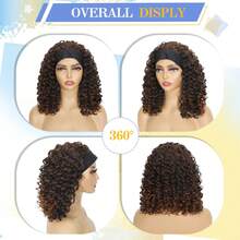 Kinky Headband Wig 12 Inch Deep Curly Headband Wigs For Women Glueless No Lace Deep Curly Half Hair Wigs Dark Almond Brown - 1b/30 - 查看 3