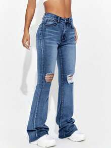 Fashionable High-Waisted Dark Blue Jeans With Pockets - Blue - View 5