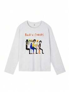 Y2k, 200g 100% Cotton T-Shirt, 2025 Women's Spring/Autumn Cartoon Character Print Long Sleeve Fun T-Shirt, Couple Style, Inner/Outerwear, Office Casual Round Neck Pullover Top - Xám nhạt [Áo phông vui nhộn/Quần áo thu nữ] - Xem 2
