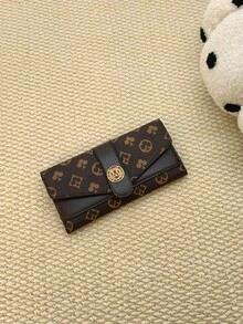 新款女士长款三折按扣钱包，复古印花，多卡位，大容量信用卡夹，公交卡袋，轻便手拿包，女士钱包，长款钱包 - 棕色 - 查看 2