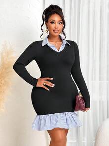 BIUBIU Robe tunique en tricot à manches longues et col contrasté avec ourlet à volants, longueur genou, robe de bureau pour femmes au printemps, grande taille - Kesé - Voir 4