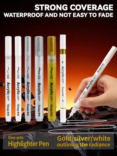 1pc High Capacity Acrylic Paint Marker Pen Set, Gold, Silver And White, Tip Sizes (0.7/1.0/2.0mm) Suitable For Different Scenarios, Ideal For Illustrations, Anime, Watercolor, Colored Drawings And 3D Sketches. Nibs, Smooth And Uniform Ink Flow, Waterproof And Fade-Resistant.