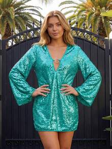 Women's Glitter Sparkle Mini Dress Long Sleeve V Neck Shiny Sequin Slim Cocktail Dress Dress For Club Party - 綠色 - 查看 9