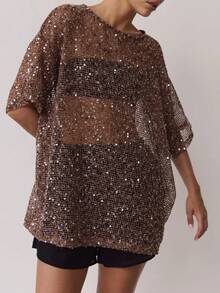 Women Sequin Sheer Short Sleeve Glitter T Shirt Sparkle See Through Crochet Cover Up Swimsuit Beach Shiny Mesh Blouse Top - 棕色 - 查看 2