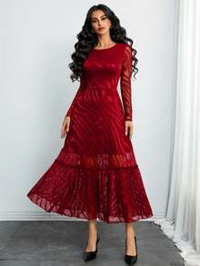 Sexy Elegant Vintage Fashion Lace Abstract Pattern Jacquard Double-Layer Lining Flared Dress, Work Commute Or Holiday Party Vacation Spring - Burgundy - View 5