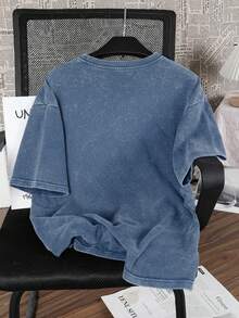 Hemo 男士街头风图案T恤，略带弹力做旧效果棉混纺圆领短袖T恤，休闲日常返校季T恤 - 藏蓝色 - 查看 2