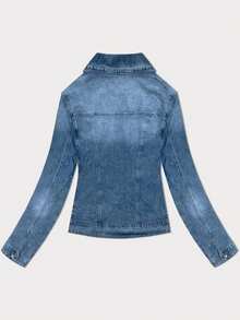 Simple Women's Blue Denim Jacket, Denim Jacket, Collar, Straight Cut, Button Closure, 4 Pockets, Slightly Elastic Material, Hip Length, Casual, Spring/Summer - Blue - View 5