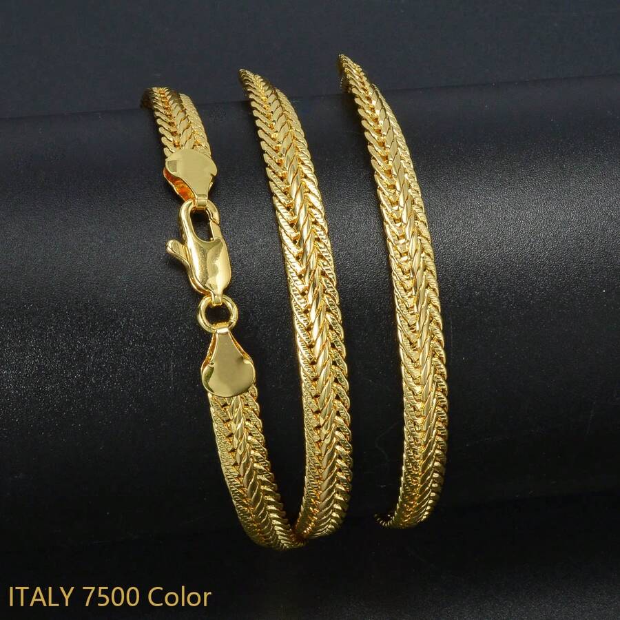 Men's 18K Gold Plated Wheat Chain Necklace, Vintage Braided Rope Link Gold Chain For Daily Wear