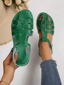 New Woven Retro Pig Cage Sandals, Women Summer Flat Fashionable Versatile - Green - View 4