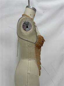 Glossmoon Xin New Beaded Bra Top, Beaded Bikini Cover-Up, Fringed Tank Top, Women's Top, Beachwear, Nightclub Bikini Jewelry - Light Gold - 查看 5