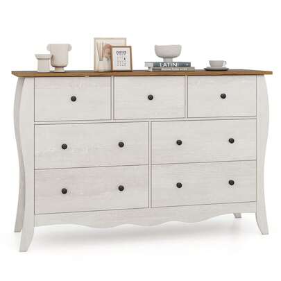 COSTWAY Dresser For Bedroom, 68 CM Farmhouse Chest Of Drawers, Closet Storage Organizer W/ 7 Folding Fabric Drawers & Anti-Tipping Kit For Nursery, Living Room, Hallway, Brown