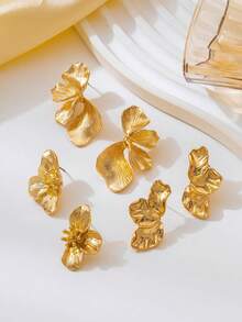 3 pares de pendientes de botón elegantes vintage con detalles florales en tono dorado, adecuados para citas/uso diario - Amarillo Oro - Ver 5