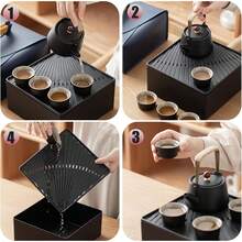 Chinesisches Japanisches Teekanne, 7-in-1 Gongfu Teeset mit 40ml Teetassen für 4, 3L Wasserauffang Teetablett und Reisetasche, Kung-Fu Teezeremonie Set, Tragbares Keramik Teeservice für Zuhause Reisen - Schwarz - Übersicht 7