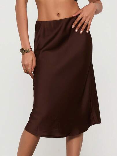 Women's High Waist Satin Midi Skirt, Elegant Casual Wear For All Seasons
