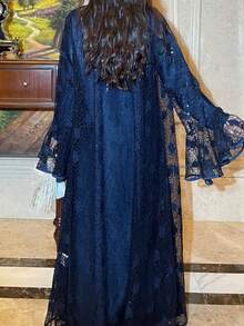 Plus Size Lace Abaya Set, Includes Slip Dress, 2 Pieces Set, Elegant & Dignified Abaya With Lace Trim - Navy Blue - View 3