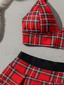 SOFUSEN 2pcs Women's Sexy Red Plaid Lingerie Set, Suitable For Roleplay & Intimate Apparel - Multicolor - View 4