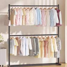 LIVINGANDHOME Double-Tier Black Iron Heavy Duty Clothes Rail Rack, 2 Hanging Rods Sturdy Garment Rack, 2-Rod Minimalist Garment  Clothing Hanger, Multifunctional Organiser For Bedroom & Shop Display - Black 60cm(W) X 35cm(D) X 160cm(H) - View 2