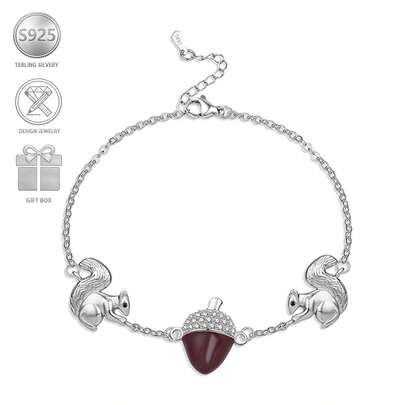 1pc Fashion Cute 925 Silver Squirrel & Pine Cone Inlaid Cubic Zirconia Women Bracelet, Suitable For Daily Casual Wear, Gift For Family & Friends On Holidays & Birthdays